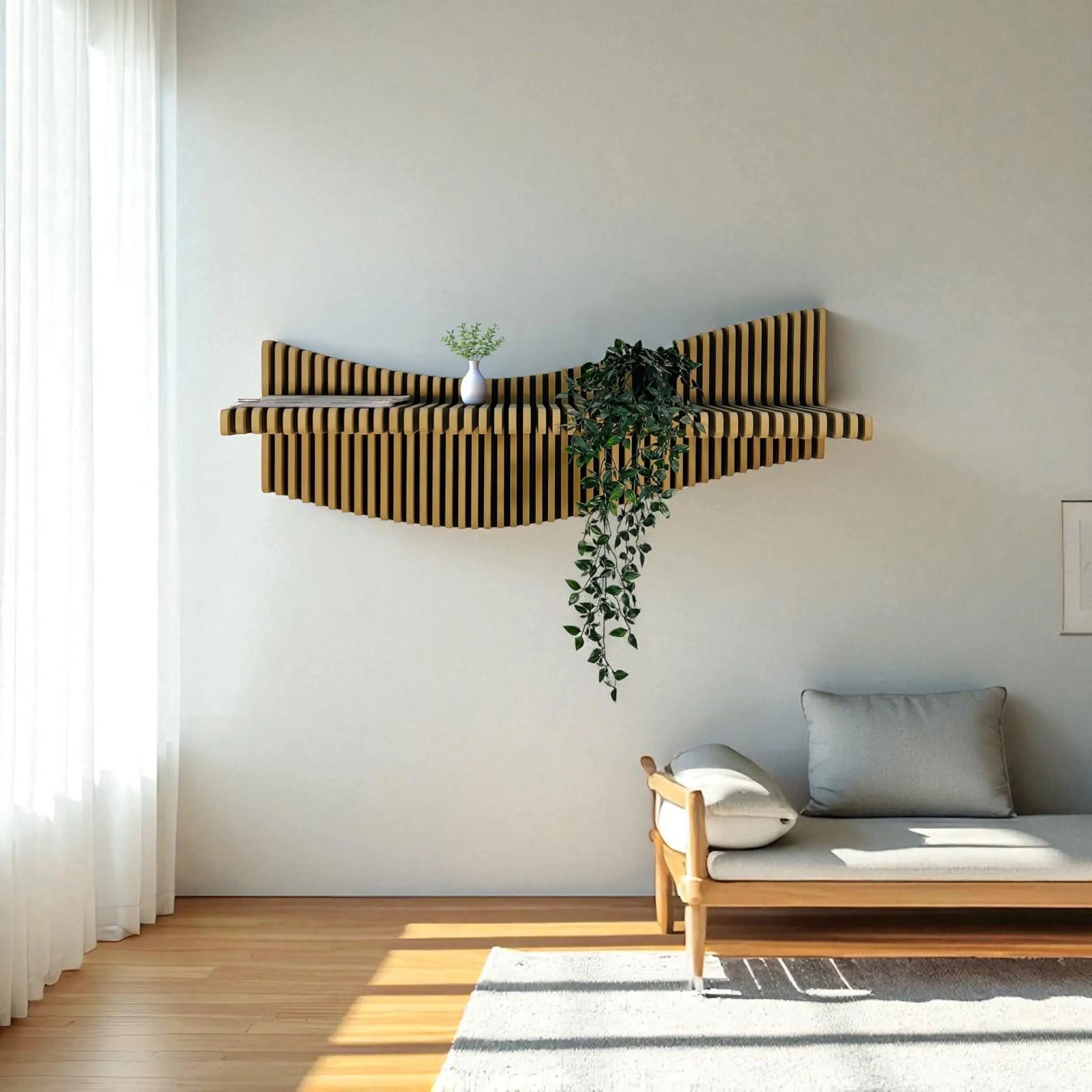Modern room interior with a wooden shelf, plant, and bench against a white wall.